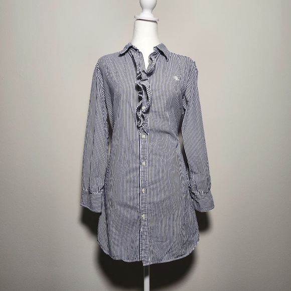 Ralph Lauren RLL Ruffle Striped Button Up Blouse Women's Navy 100% Cotton L - Picture 1 of 9